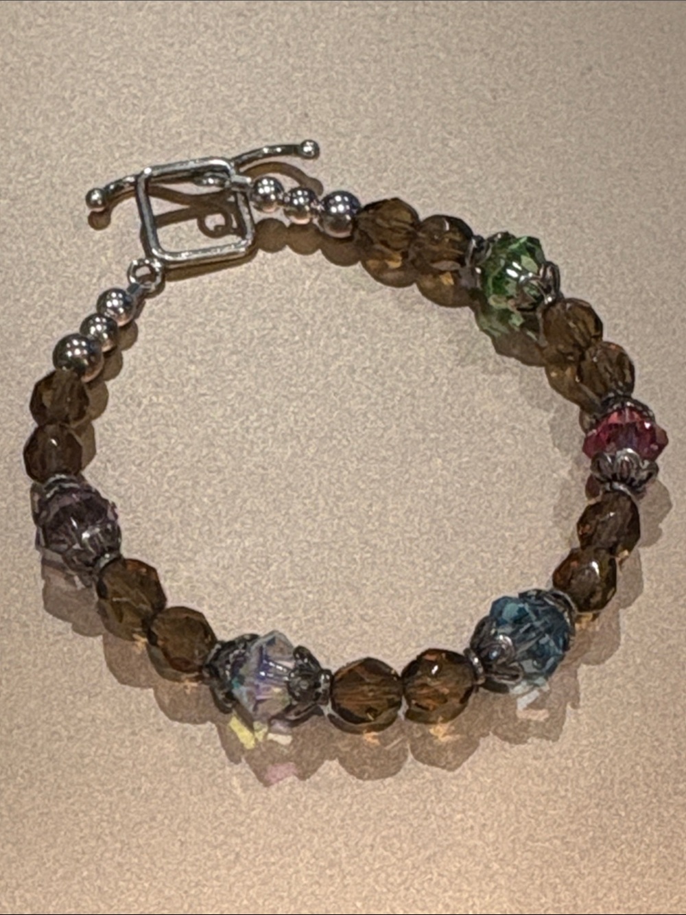 Brown Topaz Faceted Crystal Bead Bracelet with Multicolor Crystal Accents 6.25”
